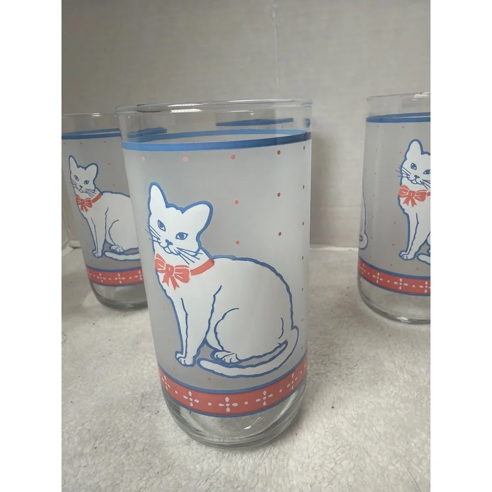 Vintage Libbey Set Of 4 Cat Drinking Glasses 13oz White Frosted W/Dots Blue Pink